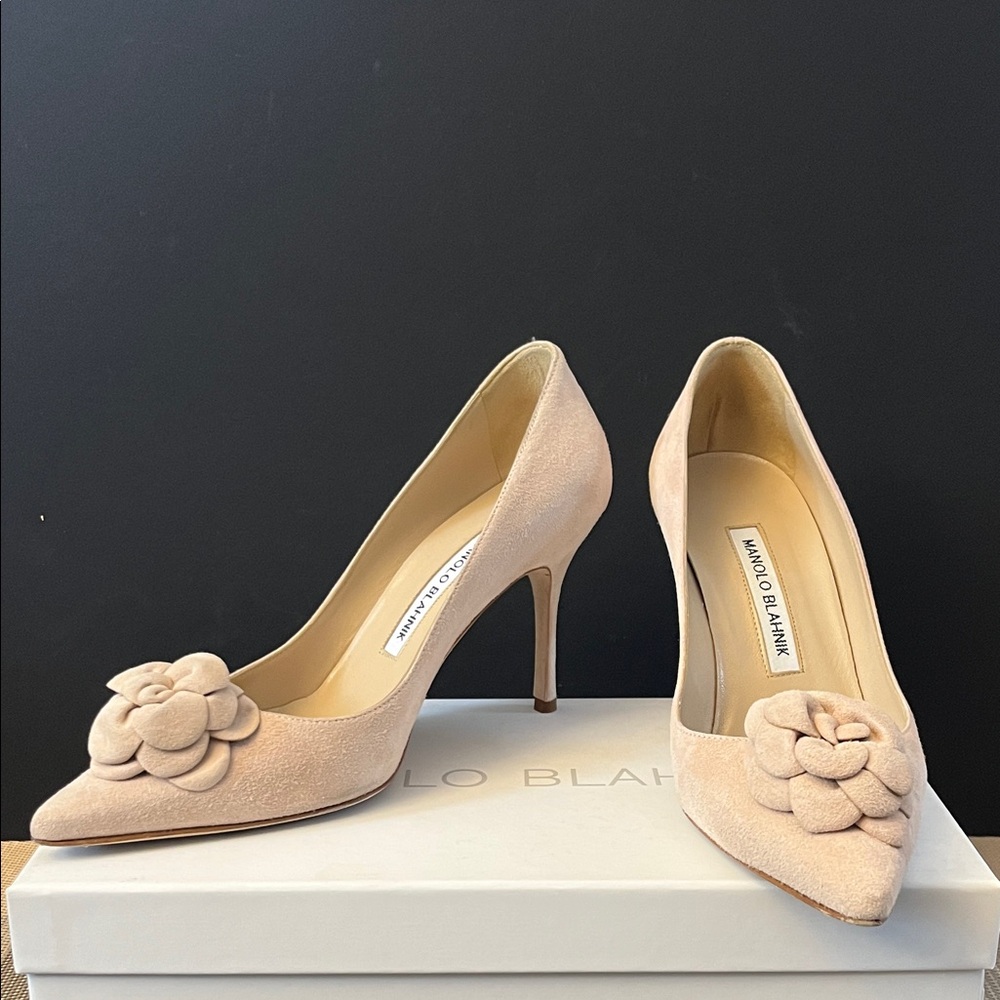 Manolo Blahnik Camelia Nude Suede Heels with Floral Accent | Size 36